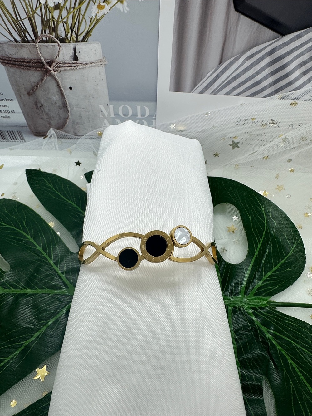 Elegant Gold Bracelet with Black and White Stones - Women Jewelry